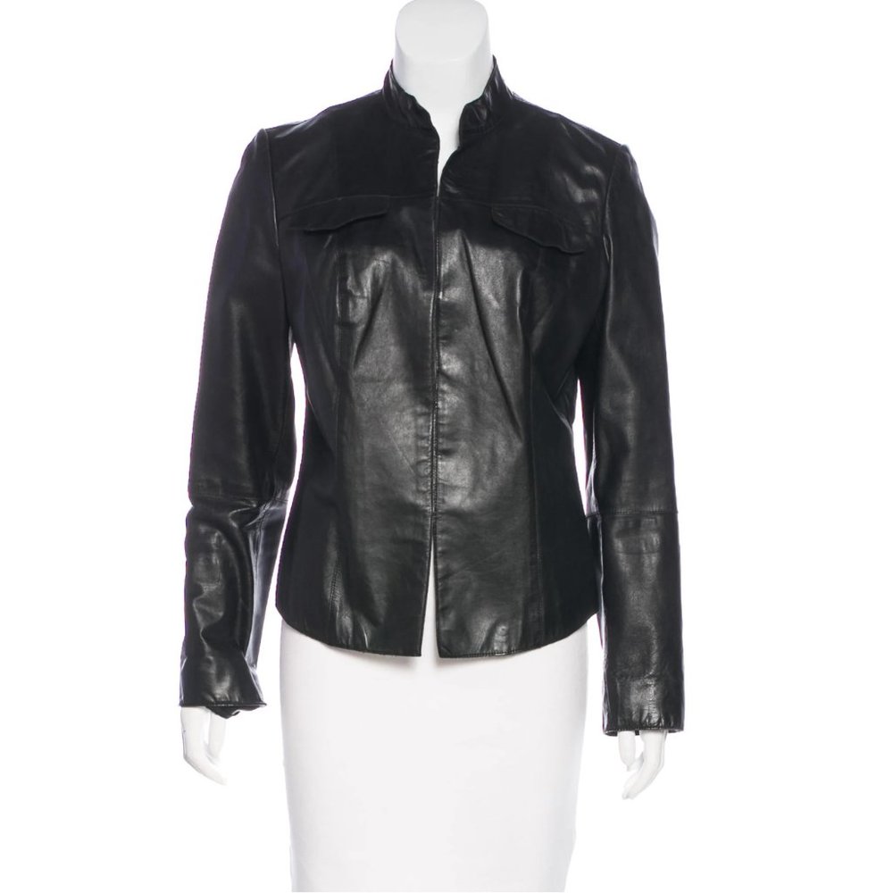 Leather Short Hem Blazer Jacket KENNETH COLE Black Banded Collar Womens M 6 8